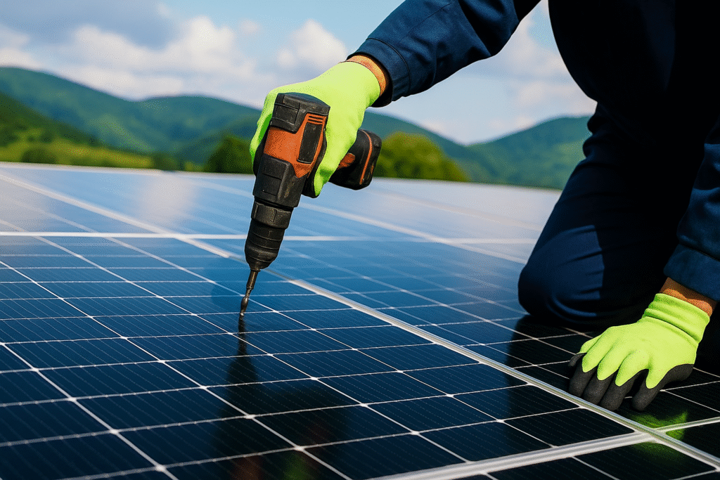 Tecnico che installa pannelli solari su un tetto durante il montaggio di un impianto fotovoltaico.