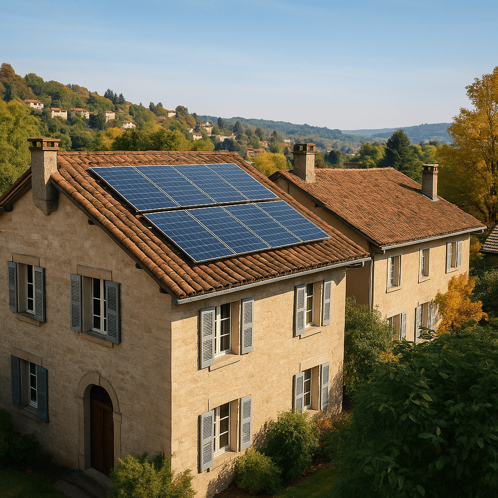 Casa storica in pietra con tetto in coppi rossi dotato di pannelli fotovoltaici integrati, esempio di autorizzazione paesaggistica fotovoltaico in zona vincolata, immersa in un paesaggio collinare italiano