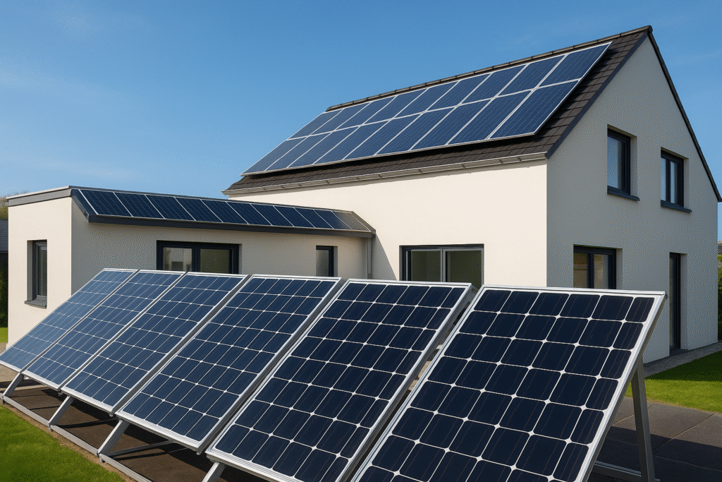 Pannelli solari bifacciali installati su tetto moderno, vista laterale con luce riflessa