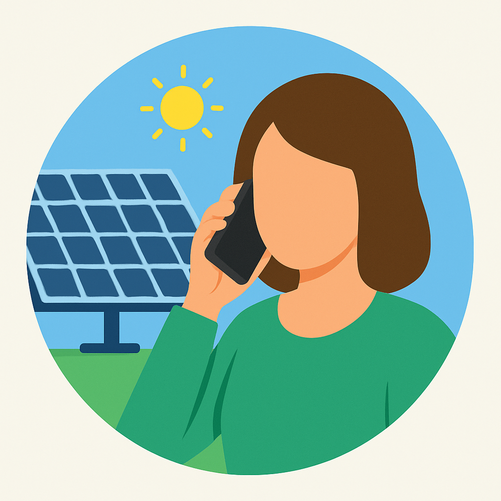 Donna al telefono per assistenza clienti con pannelli solari sullo sfondo