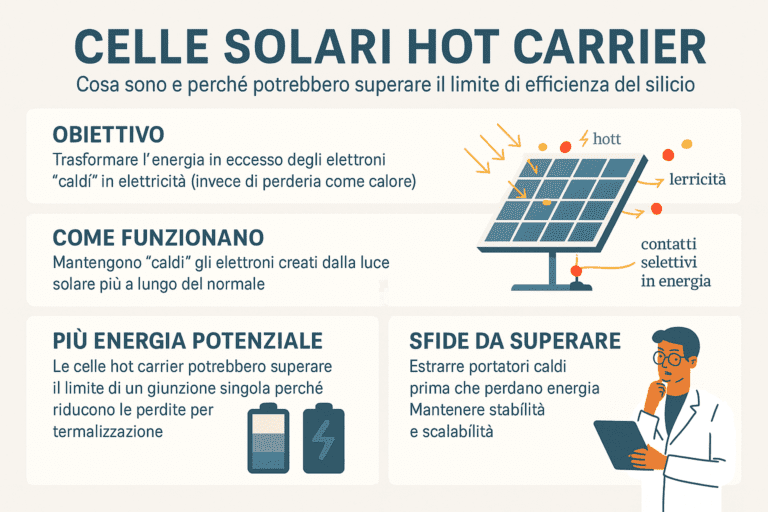 Infografica in stile premium sulle celle solari hot carrier che spiega cosa sono, come funzionano e perché potrebbero superare il limite di efficienza del silicio. Mostra il concetto di elettroni ‘caldi’, i contatti selettivi in energia, la riduzione delle perdite per termalizzazione e le principali sfide tecnologiche da superare.