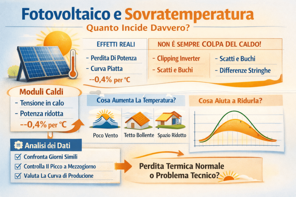 Infografica premium in italiano che spiega quanto incide la sovratemperatura dei moduli fotovoltaici sulla produzione: perdita di potenza dovuta alla temperatura, coefficiente termico, differenza tra calo termico normale e clipping, fattori che aumentano o riducono la temperatura dei moduli (ventilazione, tetto caldo, spazio d’aria), confronto tra curve di produzione estive e primaverili e checklist di analisi dei dati per distinguere un effetto fisiologico da un problema tecnico.