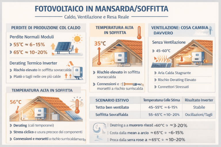 Infografica premium in italiano che mostra un impianto fotovoltaico installato in mansarda o soffitta, evidenziando temperature elevate, scarsa ventilazione, flussi d’aria, accumulo di calore sotto il tetto e la conseguente riduzione reale della produzione energetica, con icone e schemi esplicativi su perdite di rendimento e soluzioni di ventilazione.