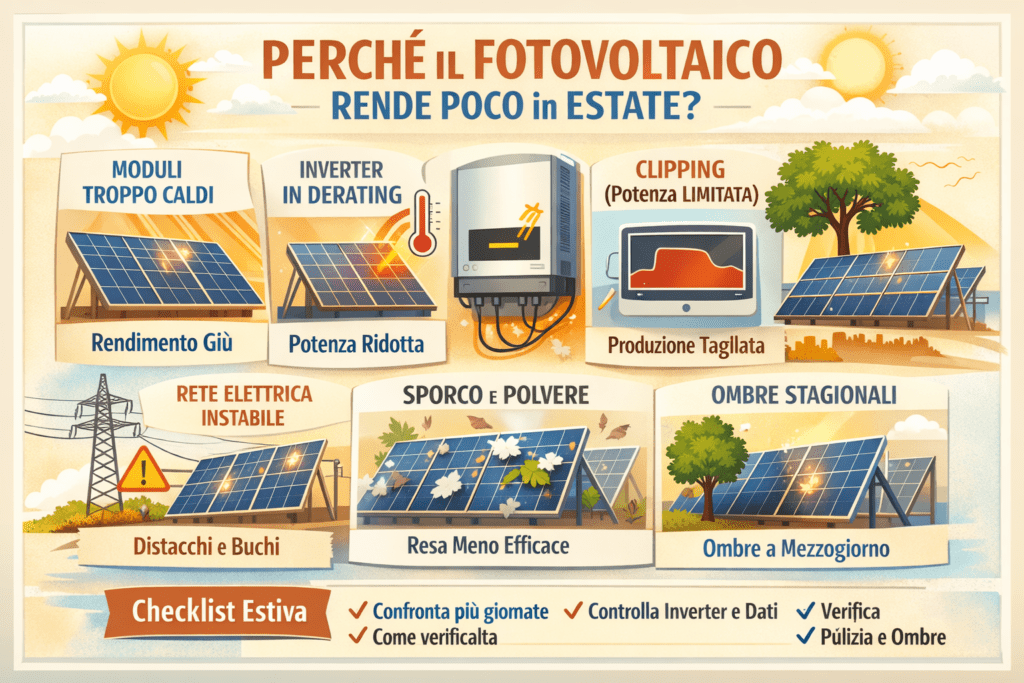 Infografica che spiega perché un impianto fotovoltaico rende poco in estate, mostrando cause principali come moduli troppo caldi, inverter in derating, clipping di potenza, rete elettrica instabile, sporco e polvere sui pannelli e ombre stagionali, con una checklist estiva per verificare e migliorare la produzione.