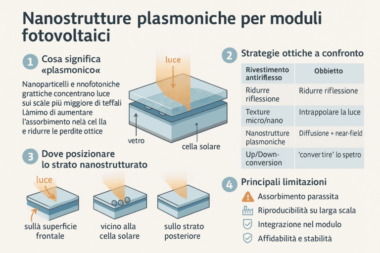 Infografica sulle nanostrutture plasmoniche nei moduli fotovoltaici che mostra come nanoparticelle e superfici nanostrutturate concentrano la luce, aumentano l’assorbimento nella cella solare e migliorano l’efficienza, con confronto tra strategie ottiche e limiti tecnologici.
