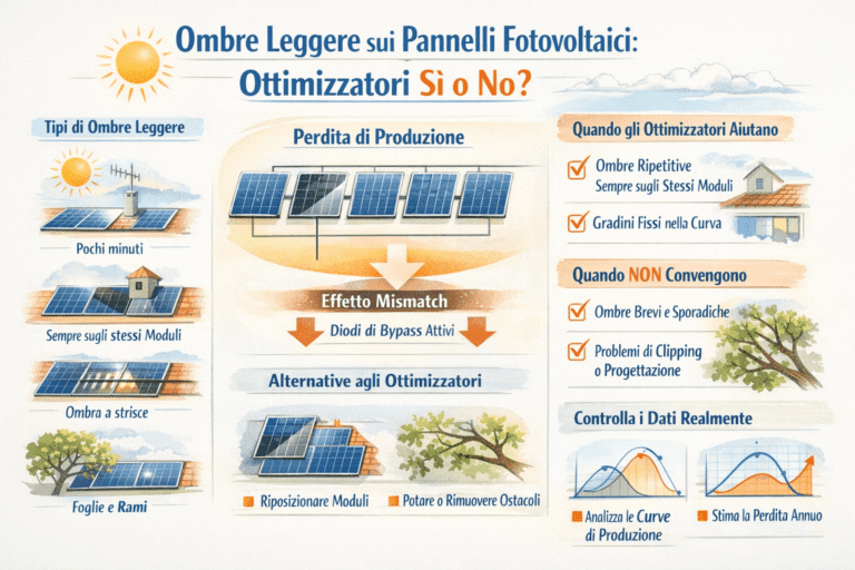 Infografica in stile premium sui pannelli fotovoltaici con ombre leggere: schema di un tetto residenziale con moduli parzialmente ombreggiati da camino e albero, confronto tra impianto con e senza ottimizzatori di potenza, indicazione delle perdite di produzione reali, flussi di energia nelle stringhe fotovoltaiche e spiegazione visiva di quando gli ottimizzatori migliorano la resa e quando non portano benefici economici.