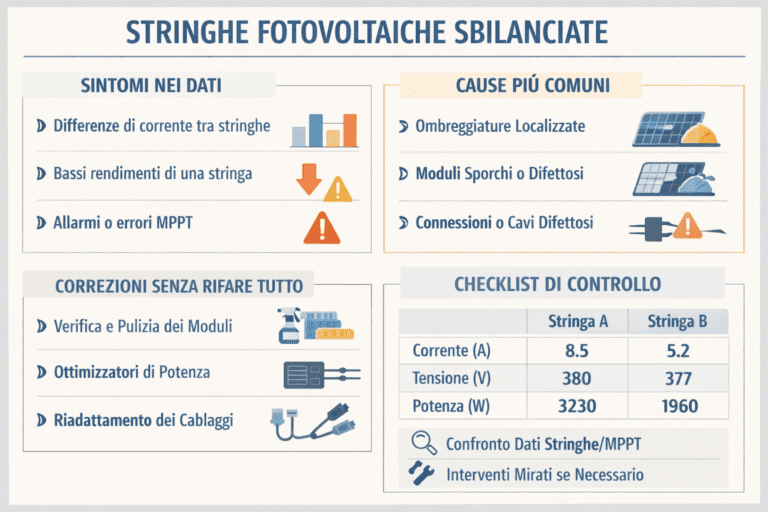 Infografica in stile premium sulle stringhe fotovoltaiche sbilanciate, con schema chiaro di un impianto FV che mostra più stringhe collegate all’inverter. L’immagine evidenzia, tramite colori diversi, una stringa che produce meno energia rispetto alle altre, con indicazione di corrente e tensione differenti, grafici di produzione non allineati e icone di avviso. Sono illustrati i principali segnali dai dati di monitoraggio (potenza inferiore, curve di produzione anomale, mismatch tra stringhe) e le soluzioni pratiche per correggere lo sbilanciamento senza rifare l’impianto, come riequilibrio delle stringhe, controllo dei collegamenti, gestione degli ombreggiamenti e interventi mirati sull’elettronica. Colori chiari, layout ordinato e testi in italiano pensati per una comprensione immediata anche da parte di utenti non tecnici.