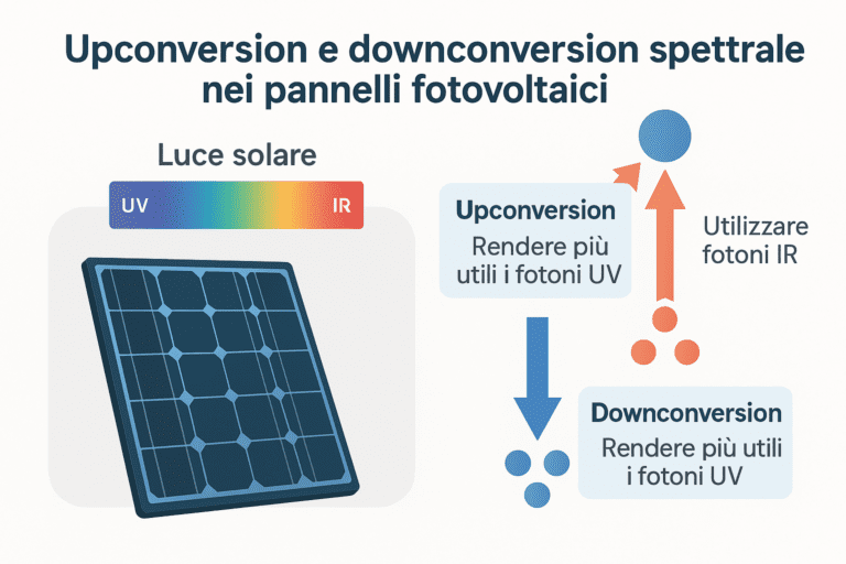 Infografica su upconversion e downconversion spettrale nei pannelli fotovoltaici, con schema dello spettro solare e dei materiali che convertono la luce infrarossa e ultravioletta per aumentare l’efficienza dei moduli solari