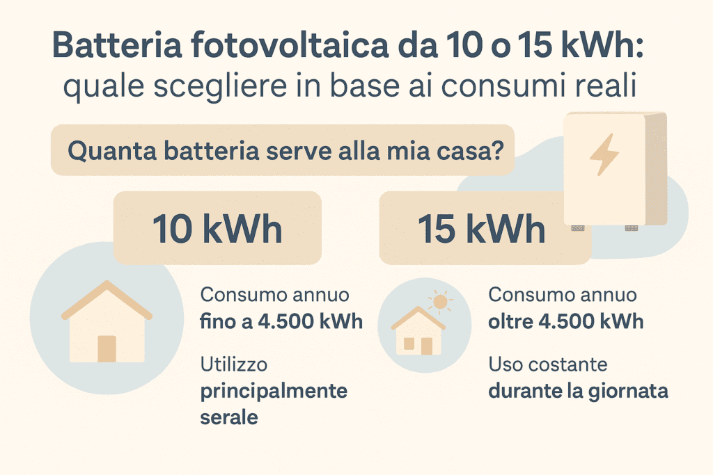 Infografica che confronta una batteria fotovoltaica da 10 kWh e da 15 kWh, mostrando per quali consumi domestici conviene ciascuna soluzione, in base al consumo annuo e all’uso serale dell’energia.