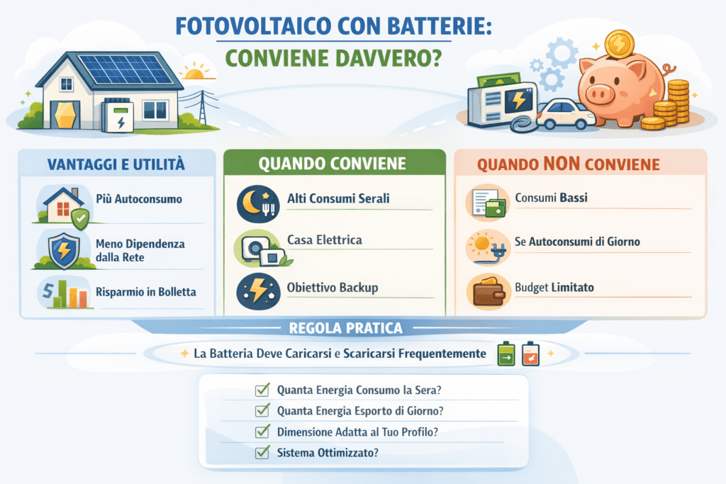 Infografica sul fotovoltaico con batterie che spiega quando conviene davvero installare un sistema di accumulo domestico, con vantaggi, casi in cui conviene o non conviene, regola pratica sull’autoconsumo e checklist per decidere in base ai consumi reali.