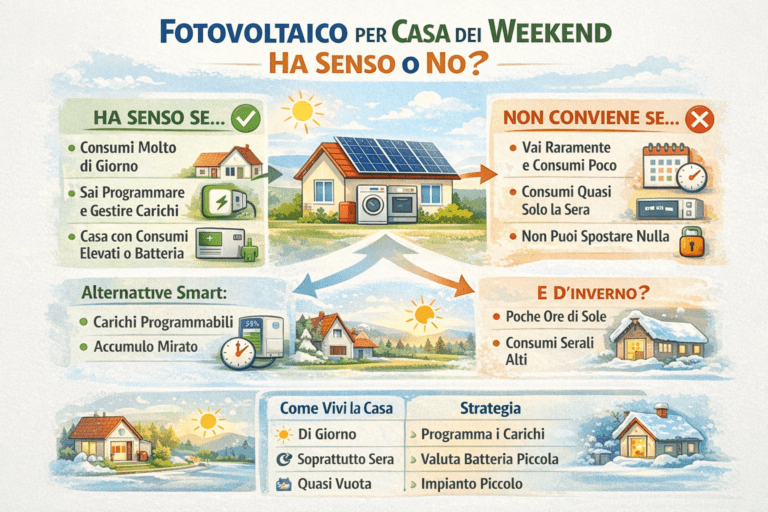 Infografica sul fotovoltaico per casa abitata solo nei weekend che mostra quando ha senso installarlo e quando no, con confronto tra autoconsumo settimanale e nel fine settimana, ruolo della batteria, percentuale di energia immessa in rete e tempi di rientro realistici dell’investimento.