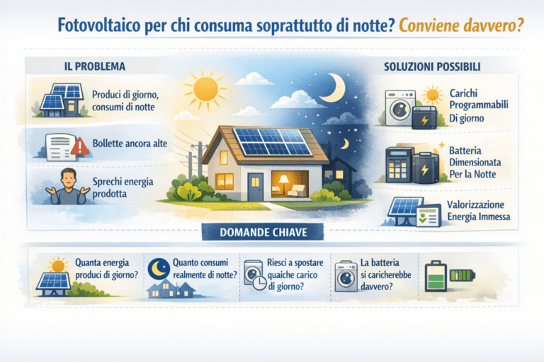 Infografica sul fotovoltaico per chi consuma soprattutto di notte che spiega quando conviene davvero: confronto tra autoconsumo senza batteria, uso dei carichi programmabili e accumulo per coprire i consumi serali e notturni, con focus su fasce orarie, produzione diurna e risparmio reale in bolletta.