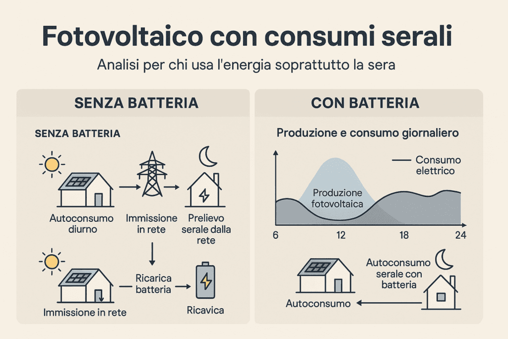 Infografica in italiano sul fotovoltaico con consumi serali, che confronta l’utilizzo dell’energia senza batteria e con batteria. Mostra la produzione diurna dei pannelli solari, i consumi concentrati la sera, il flusso di energia verso la rete senza accumulo e l’uso dell’energia accumulata con batteria per coprire i consumi serali, in stile premium con colori chiari e icone di casa, sole e batteria.