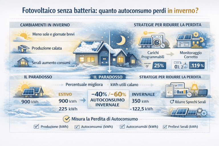 Infografica che mostra quanto autoconsumo perde un impianto fotovoltaico senza batteria nei mesi invernali, confrontando produzione estiva e invernale, calo dei kWh autoconsumati, riduzione delle ore di luce e strategie pratiche per limitare la perdita come carichi programmabili e monitoraggio dei consumi.