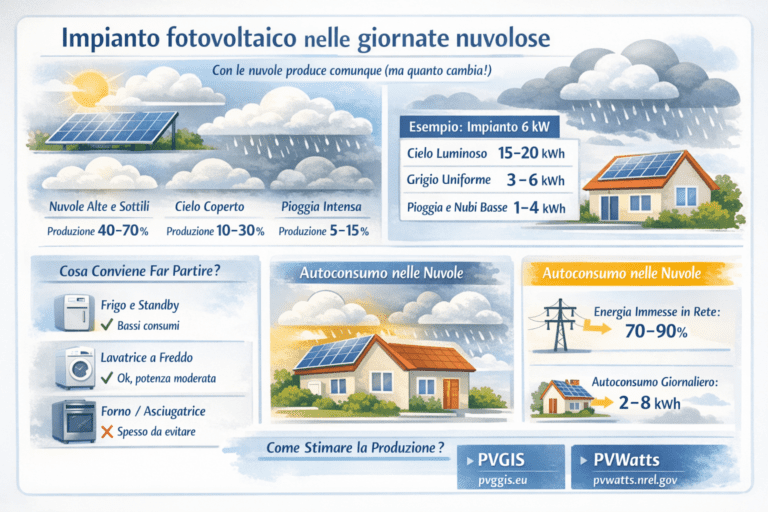 Infografica che mostra quanto produce un impianto fotovoltaico nelle giornate nuvolose, con confronto tra cielo coperto, nuvoloso e sereno, riduzione percentuale della produzione e spiegazione dell’impatto delle nuvole sulla resa dei pannelli solari.