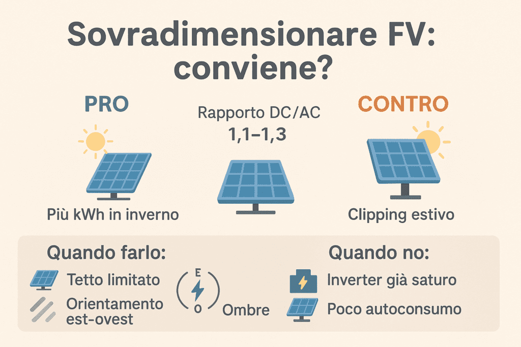 “Infografica in stile flat e colori chiari intitolata ‘Sovradimensionare FV: conviene?’. A sinistra indica il PRO ‘Più kWh in inverno’, al centro ‘Rapporto DC/AC 1,1–1,3’, a destra il CONTRO ‘Clipping estivo’. In basso: ‘Quando farlo: tetto limitato, orientamento est-ovest, ombre’ e ‘Quando no: inverter già saturo, poca autoconsumo’, con icone di pannelli solari.”