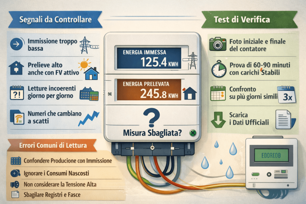 Infografica “Contatore bidirezionale fotovoltaico: misura sbagliata?” con contatore al centro che mostra energia immessa e energia prelevata. A sinistra i segnali da controllare (immissione troppo bassa, prelievo alto anche con FV attivo, letture incoerenti giorno per giorno, numeri che cambiano a scatti). In basso gli errori comuni di lettura (confondere produzione con immissione, ignorare consumi nascosti, non considerare tensione alta, sbagliare registri e fasce). A destra i test di verifica (foto iniziale e finale del contatore, prova di 60–90 minuti con carichi stabili, confronto su più giorni simili, scaricare i dati ufficiali). Stile premium, colori chiari, testo in italiano.