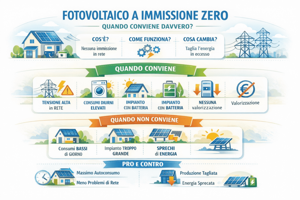 Infografica premium sul fotovoltaico a immissione zero (zero export): spiega cos’è l’export limit, come funziona, quando conviene davvero e quando non conviene, con confronto pro e contro, consumi diurni, batteria, tensione alta in rete e sprechi di energia.