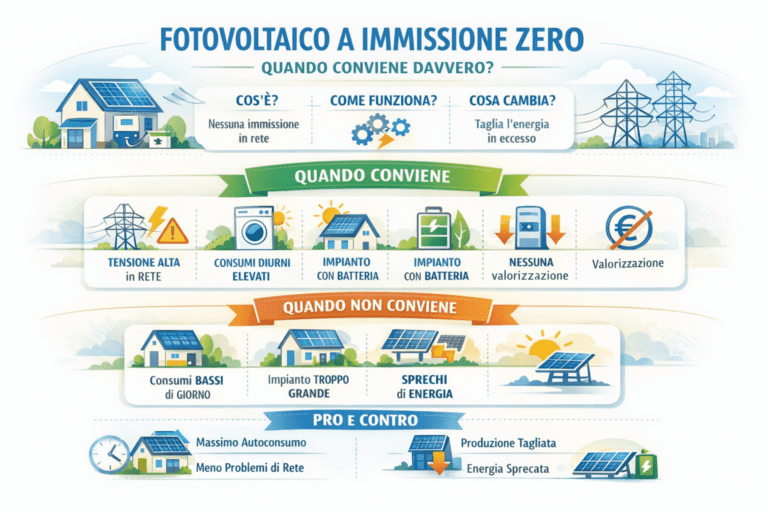 Infografica premium sul fotovoltaico a immissione zero (zero export): spiega cos’è l’export limit, come funziona, quando conviene davvero e quando non conviene, con confronto pro e contro, consumi diurni, batteria, tensione alta in rete e sprechi di energia.