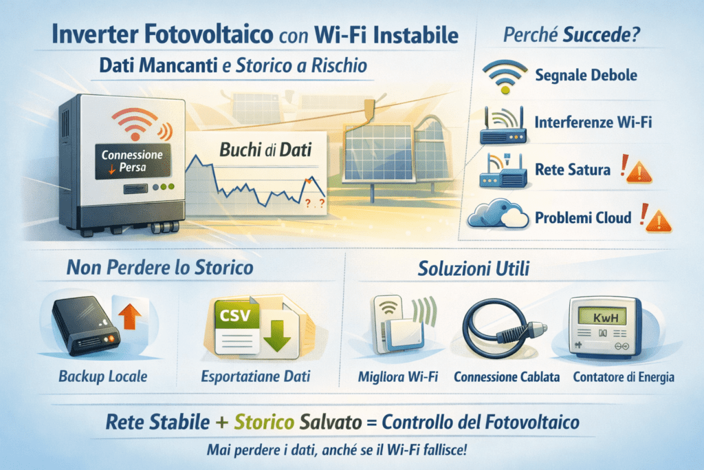 Infografica sull’inverter fotovoltaico con Wi-Fi instabile che mostra cause dei dati mancanti come segnale debole, interferenze e problemi cloud, gli effetti sullo storico di produzione e le soluzioni per non perdere i dati: backup locale, esportazione dati, miglioramento del Wi-Fi, connessione cablata e uso di un contatore di energia.