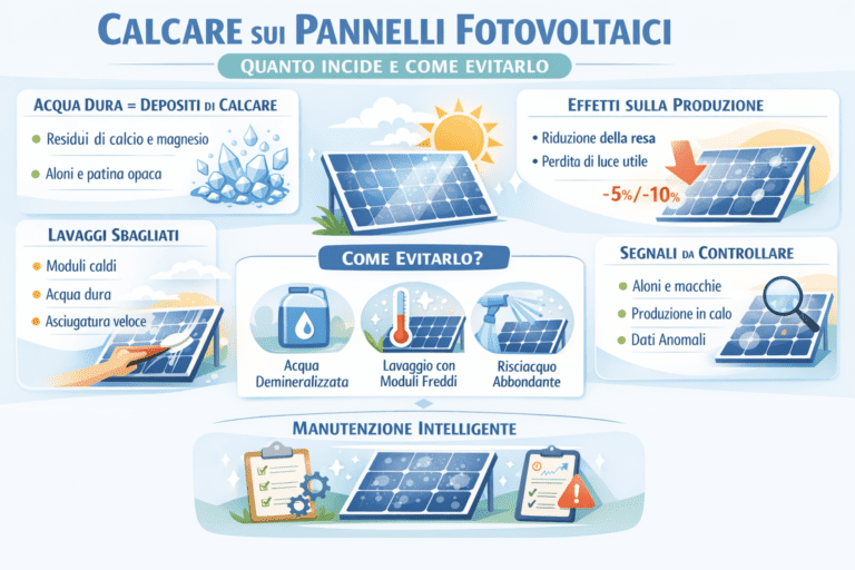Infografica sui pannelli fotovoltaici che mostra gli effetti del calcare causato da acqua dura: depositi minerali sui moduli, riduzione della resa fino al 10%, errori di lavaggio e metodi corretti per evitarlo con acqua demineralizzata, lavaggio a moduli freddi e risciacquo abbondante.