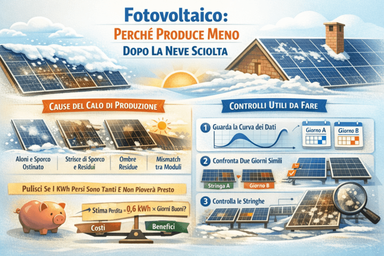 Infografica che spiega perché il fotovoltaico produce meno dopo la neve sciolta, mostrando le cause principali come sporco residuo, aloni, strisce di deposito, ombre temporanee e mismatch tra moduli, con controlli utili da fare sui dati di produzione, confronto tra giornate simili e verifica delle stringhe per decidere se conviene pulire i pannelli.