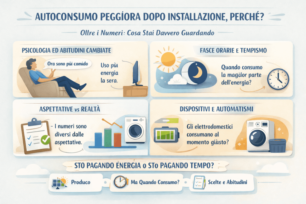 Infografica in stile premium che spiega perché l’autoconsumo peggiora dopo l’installazione: abitudini cambiate, fasce orarie di consumo, aspettative vs realtà e automatismi domestici, con focus su tempo, decisioni e sincronizzazione dei consumi.