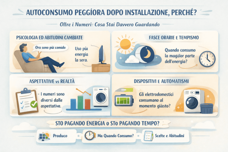 Infografica in stile premium che spiega perché l’autoconsumo peggiora dopo l’installazione: abitudini cambiate, fasce orarie di consumo, aspettative vs realtà e automatismi domestici, con focus su tempo, decisioni e sincronizzazione dei consumi.