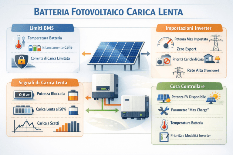 Infografica premium sulla batteria fotovoltaico che carica lentamente, con schema chiaro dei limiti del BMS (temperatura, bilanciamento celle, corrente di carica), delle impostazioni inverter che limitano la carica (potenza massima, zero export, priorità carichi, tensione di rete alta), dei segnali tipici di carica lenta dai dati e dei controlli da effettuare per individuare la causa reale.