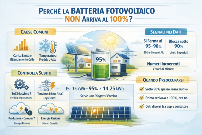 Infografica premium che spiega perché la batteria fotovoltaico non arriva al 100%, mostrando le cause più comuni come bilanciamento celle, limiti del BMS, temperatura e impostazioni inverter, i segnali nei dati di carica, i controlli immediati da fare e quando è davvero il caso di preoccuparsi, con esempi pratici di percentuale e capacità reale.