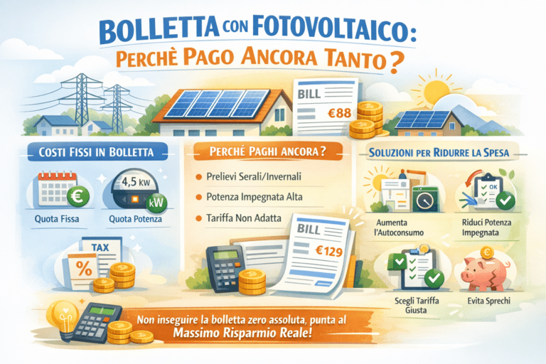 Infografica che spiega perché la bolletta resta alta anche con il fotovoltaico: costi fissi, quota potenza, prelievi serali e tariffa non adatta. Include soluzioni pratiche per ridurre la spesa come aumentare l’autoconsumo, ridurre la potenza impegnata, scegliere la tariffa giusta ed evitare sprechi energetici.