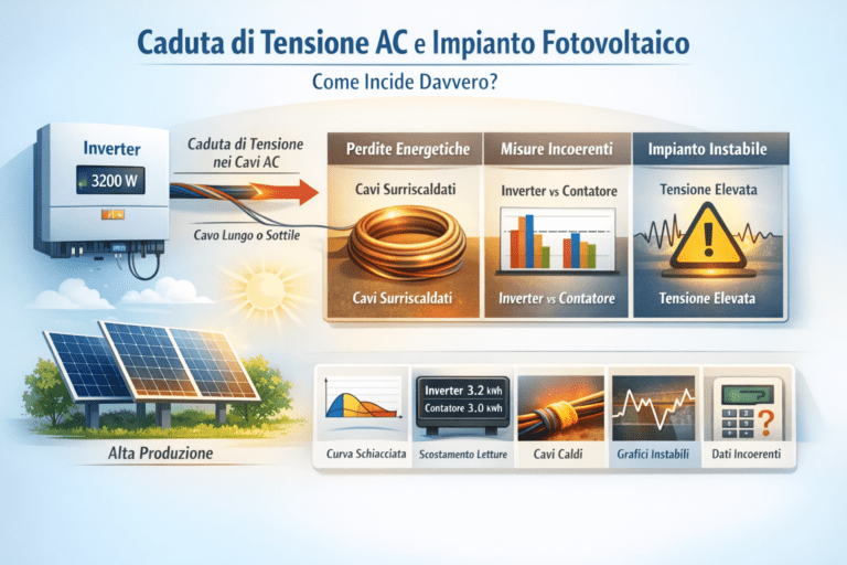 Infografica che spiega come la caduta di tensione AC influisce su un impianto fotovoltaico, mostrando inverter collegato con cavi AC lunghi o sottili, perdite energetiche con cavi surriscaldati, differenze di misura tra inverter e contatore, curva di produzione schiacciata nelle ore centrali e segnali di tensione elevata e instabilità nei dati.