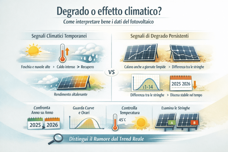 Infografica che mostra come distinguere il degrado dei pannelli fotovoltaici dall’effetto climatico analizzando i dati di produzione, con confronto anno su anno, curve giornaliere, temperatura dei moduli e differenze tra stringhe.
