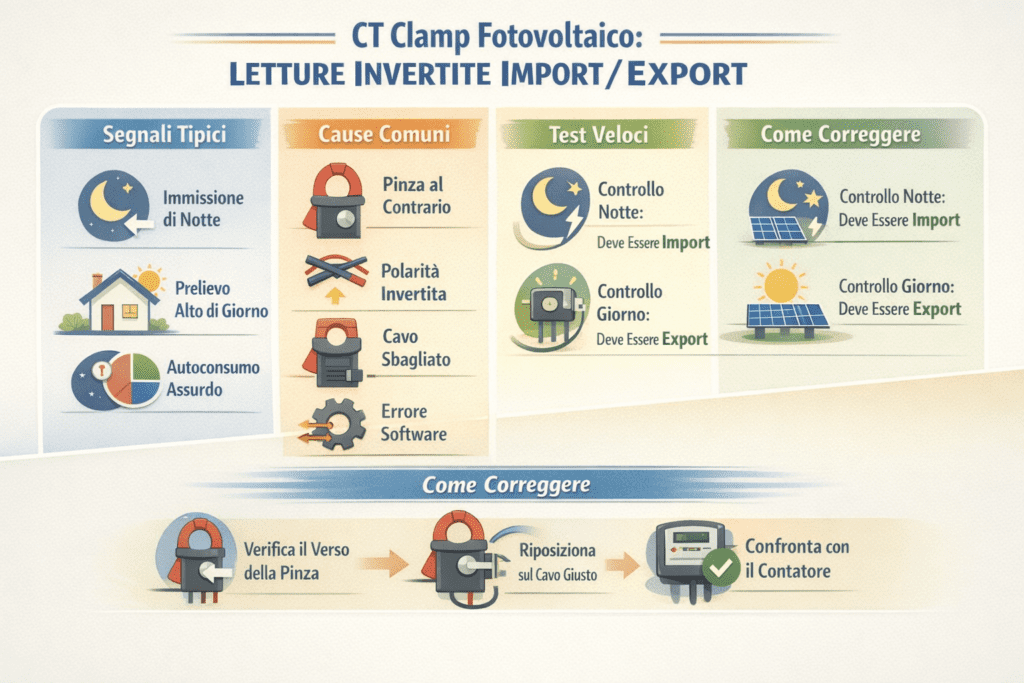 Infografica in stile premium con colori chiari intitolata “CT Clamp Fotovoltaico: Letture Invertite Import/Export”. L’immagine mostra quattro sezioni principali: “Segnali Tipici” (immissione di notte, prelievo alto di giorno, autoconsumo assurdo), “Cause Comuni” (pinza al contrario, polarità invertita, cavo sbagliato, errore software), “Test Veloci” (controllo notte = import, controllo giorno = export) e “Come Correggere” (verifica del verso della pinza, riposizionamento sul cavo corretto, confronto con il contatore bidirezionale). Sono presenti icone di casa, pannelli fotovoltaici, sole, luna e contatore elettrico, pensate per spiegare visivamente il problema delle letture invertite import/export nel fotovoltaico.