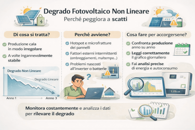 Infografica sul degrado fotovoltaico non lineare, con grafico che mostra una produzione che peggiora a scatti nel tempo, icone di pannelli solari, hotspot, microfratture, inverter e analisi dei dati, spiegando perché il calo non è costante e come interpretare correttamente i dati di produzione anno su anno.