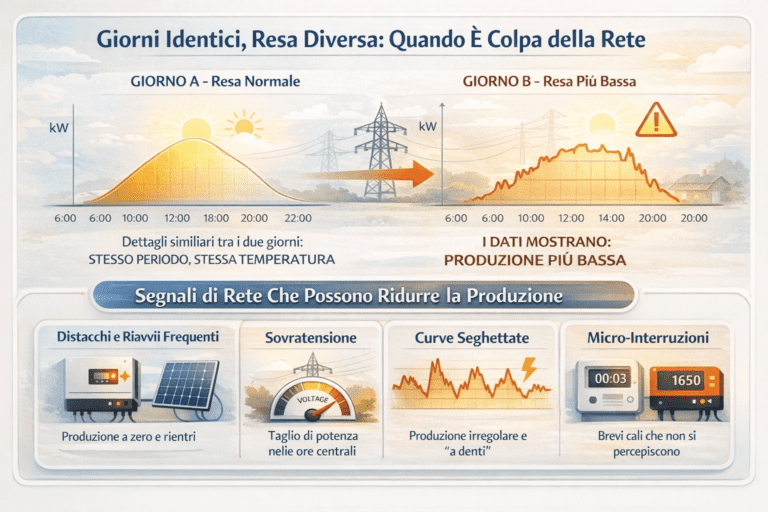 Infografica che confronta due giorni apparentemente identici con produzione diversa di un impianto fotovoltaico, mostrando i segnali di rete elettrica come distacchi, riavvii, tagli di potenza, curve seghettate e plateau nelle ore centrali leggibili dai dati di monitoraggio.