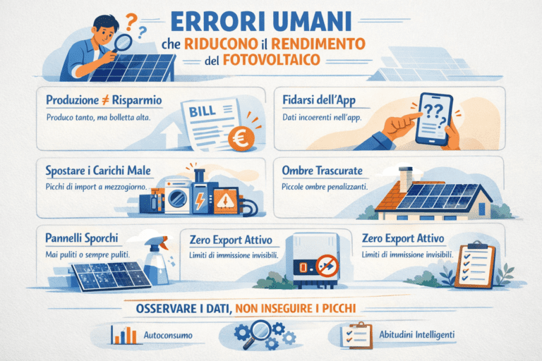 Infografica sugli errori umani che riducono il rendimento del fotovoltaico: produzione diversa dal risparmio, fidarsi solo dell’app, carichi spostati male, ombre trascurate, pannelli sporchi e zero export attivo. Stile premium con colori chiari, icone illustrative e messaggio “Osservare i dati, non inseguire i picchi”.