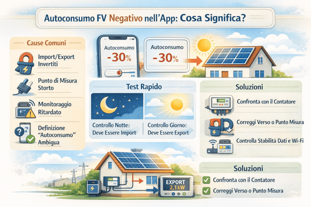 Infografica premium a colori chiari intitolata “Autoconsumo FV negativo nell’app: cosa significa?”. L’immagine mostra una casa con impianto fotovoltaico e smartphone con valore di autoconsumo negativo. A sinistra la sezione “Cause Comuni” (import/export invertiti, punto di misura errato, monitoraggio ritardato, definizione ambigua di autoconsumo). Al centro la sezione “Test Rapido” con verifica notturna (deve essere import) e verifica diurna (deve essere export). A destra la sezione “Soluzioni” con confronto con il contatore bidirezionale, correzione del verso o punto di misura della pinza CT e controllo della stabilità dei dati e della connessione Wi-Fi. In basso è rappresentato il flusso corretto dell’energia tra pannelli, inverter, casa e rete elettrica.