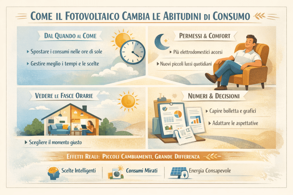 Infografica premium che mostra come il fotovoltaico cambia le abitudini di consumo: gestione degli orari, comfort quotidiano, fasce orarie, lettura di bollette e grafici, con focus su decisioni consapevoli, consumi mirati ed effetti reali nella vita domestica.