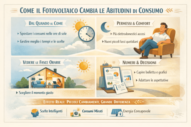 Infografica premium che mostra come il fotovoltaico cambia le abitudini di consumo: gestione degli orari, comfort quotidiano, fasce orarie, lettura di bollette e grafici, con focus su decisioni consapevoli, consumi mirati ed effetti reali nella vita domestica.