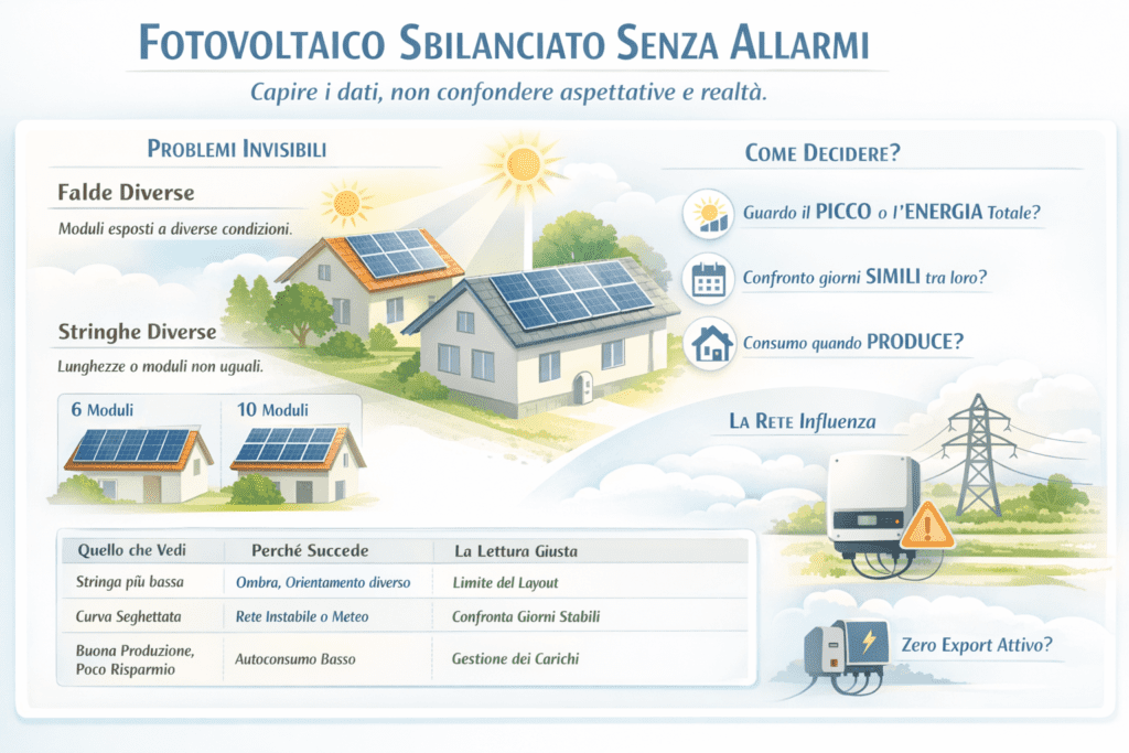 Infografica sul fotovoltaico con layout sbilanciato senza allarmi, che mostra moduli su falde diverse, stringhe non uniformi, influenza della rete elettrica e come interpretare correttamente i dati di produzione senza confondere aspettative e realtà.
