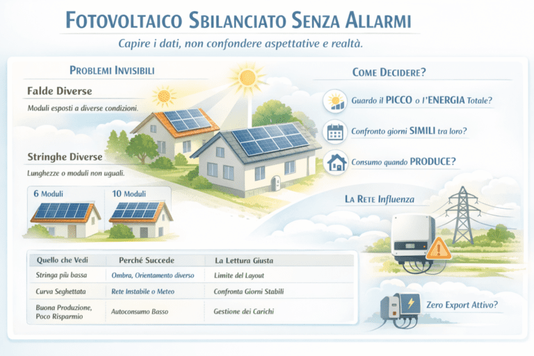 Infografica sul fotovoltaico con layout sbilanciato senza allarmi, che mostra moduli su falde diverse, stringhe non uniformi, influenza della rete elettrica e come interpretare correttamente i dati di produzione senza confondere aspettative e realtà.