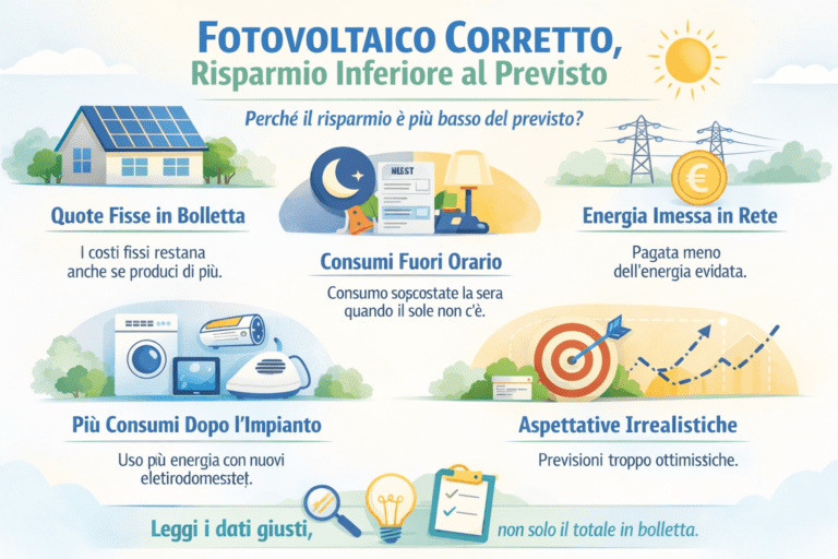 Infografica in stile premium che spiega perché un fotovoltaico corretto può portare a un risparmio inferiore al previsto: quote fisse in bolletta, consumi serali fuori produzione, energia immessa in rete pagata meno, aumento dei consumi dopo l’impianto ed aspettative irrealistiche, con illustrazioni di casa con pannelli solari, grafici e simboli energetici.