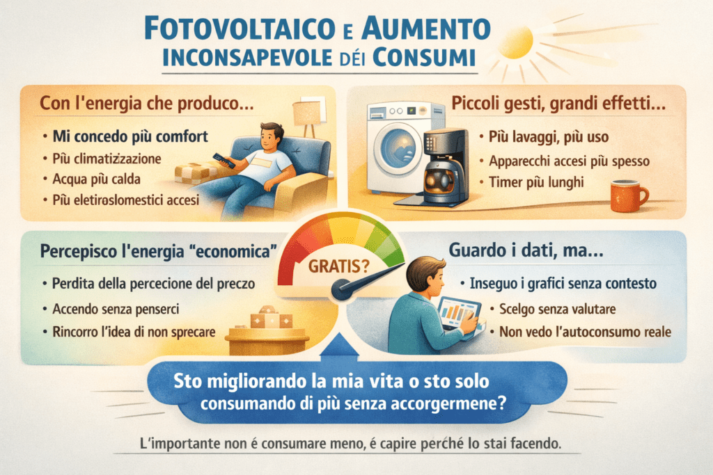 Infografica sul fotovoltaico e aumento inconsapevole dei consumi che mostra come cambiano le abitudini energetiche dopo l’installazione, con focus su percezione dell’energia come “gratuita”, aumento del comfort domestico, spostamento dei consumi nelle ore diurne, differenza tra consumo reale e prelievo dalla rete e lettura consapevole dei dati energetici.