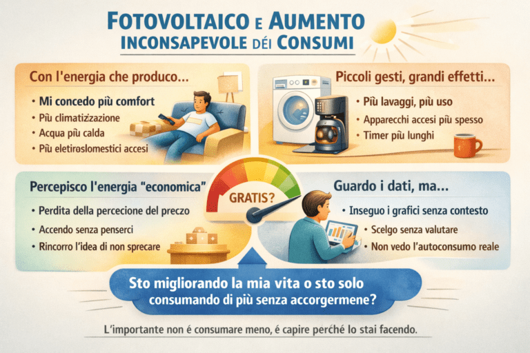 Infografica sul fotovoltaico e aumento inconsapevole dei consumi che mostra come cambiano le abitudini energetiche dopo l’installazione, con focus su percezione dell’energia come “gratuita”, aumento del comfort domestico, spostamento dei consumi nelle ore diurne, differenza tra consumo reale e prelievo dalla rete e lettura consapevole dei dati energetici.