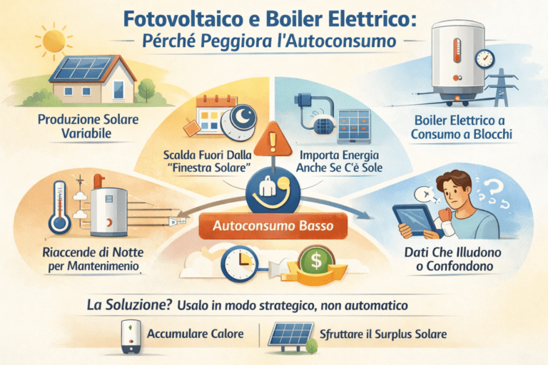 Infografica che spiega perché il boiler elettrico può peggiorare l’autoconsumo con il fotovoltaico: produzione solare variabile, consumo a blocchi del boiler, riscaldamento fuori dalla finestra solare, import di energia anche con il sole e uso strategico dell’accumulo termico.