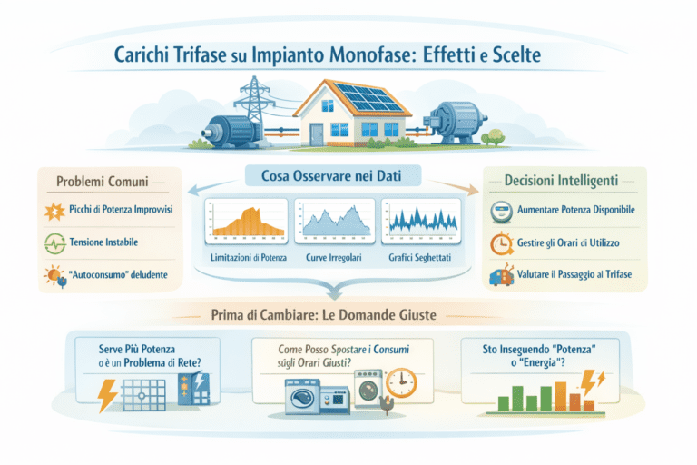 Infografica che mostra gli effetti dei carichi trifase su impianto fotovoltaico monofase: picchi di potenza, tensione instabile, autoconsumo irregolare, dati di produzione e decisioni intelligenti su potenza disponibile, orari di utilizzo e valutazione del passaggio al trifase.