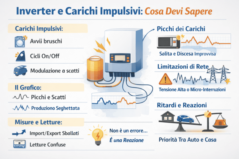 Infografica che spiega come l’inverter del fotovoltaico reagisce ai carichi impulsivi in casa: avvii bruschi, cicli on/off e modulazioni a scatti generano grafici seghettati, picchi di potenza e variazioni improvvise. L’immagine mostra il ruolo delle misure import/export, della qualità della rete e delle priorità tra casa e carichi, chiarendo che non si tratta di un guasto ma di una reazione normale da interpretare con intelligenza.