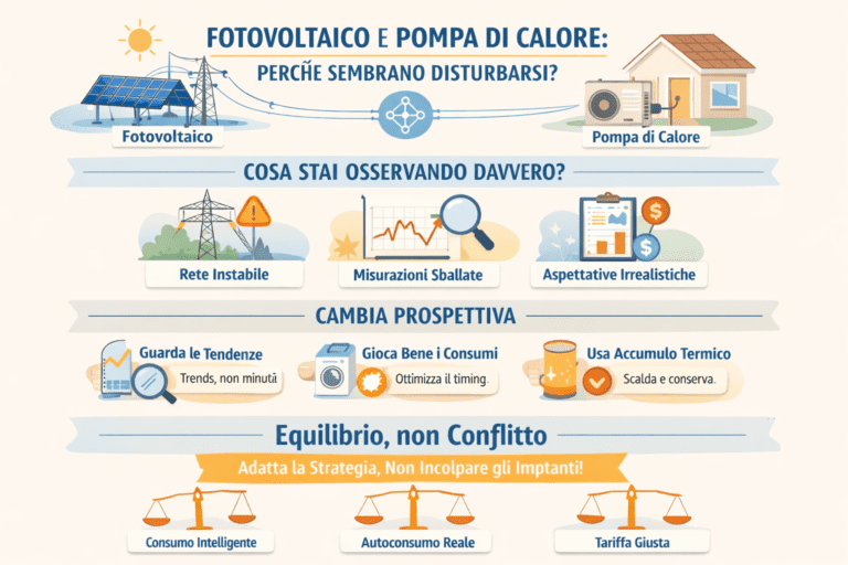 Infografica che mostra il rapporto tra fotovoltaico e pompa di calore: produzione solare, rete elettrica, misurazioni e aspettative, spiegando perché sembrano disturbarsi e come trovare equilibrio tra autoconsumo, comfort e strategia energetica.