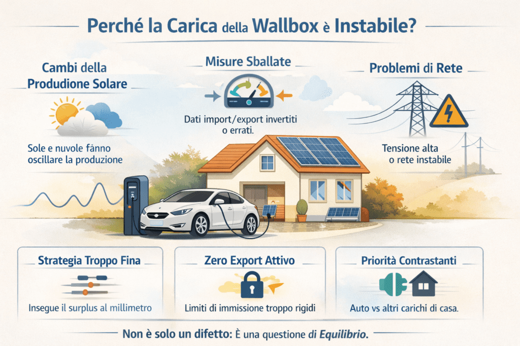 Infografica che spiega perché la carica della wallbox con il fotovoltaico può risultare instabile: variazioni della produzione solare, misure import/export errate, problemi di rete, limiti di zero export e priorità contrastanti tra auto elettrica e carichi domestici.